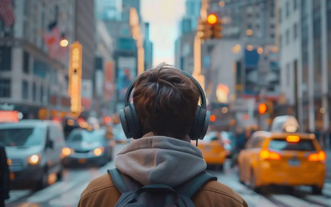 Young male looking out on to the cityscape, standing on a crowded street.