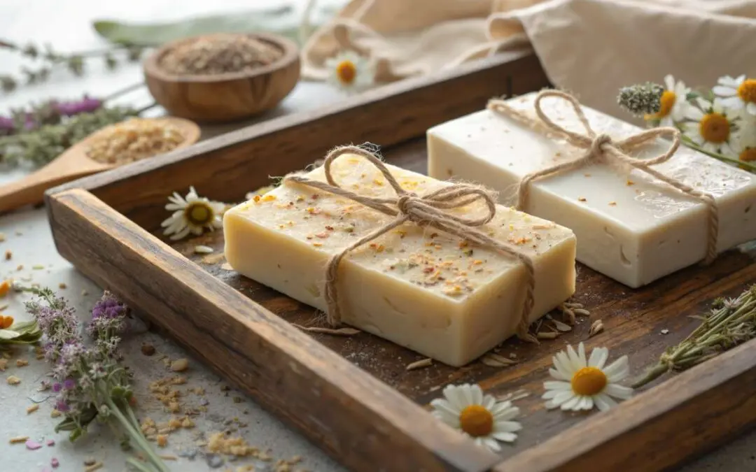Bars of soap decorated with herbs and tied with string rest on a rustic wooden tray.