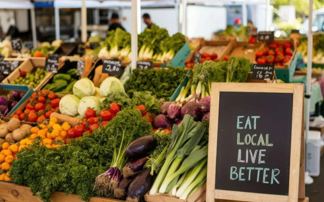Fresh vegetables are displayed at a farmers market with a chalkboard sign reading “Eat Local Live Better.”