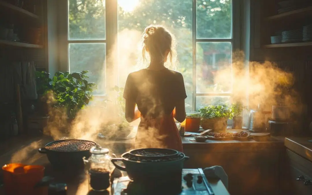 A woman stands in a sunlit kitchen surrounded by steam as she cooks by the window.
