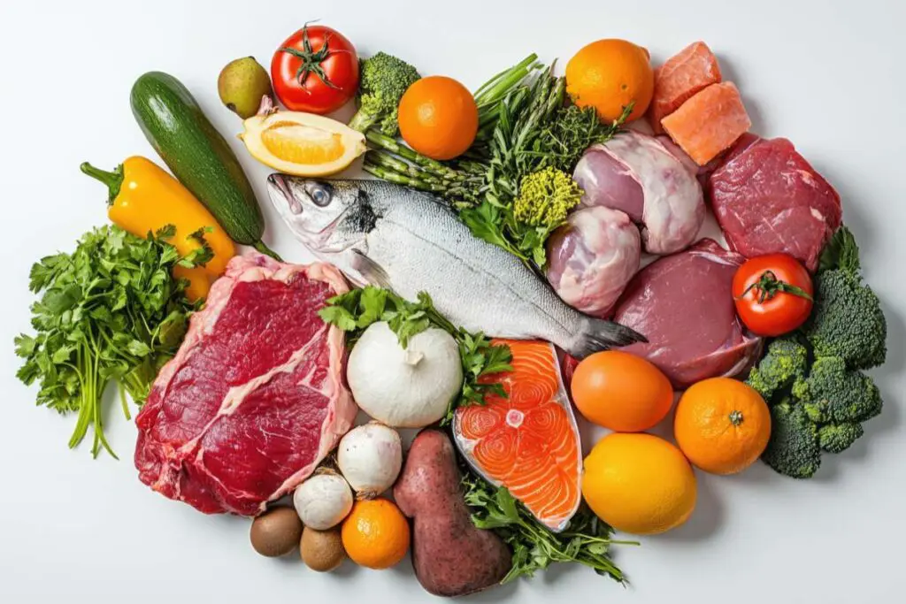 A colorful spread of fresh meats, fish, vegetables, and fruits is arranged neatly on a white background.