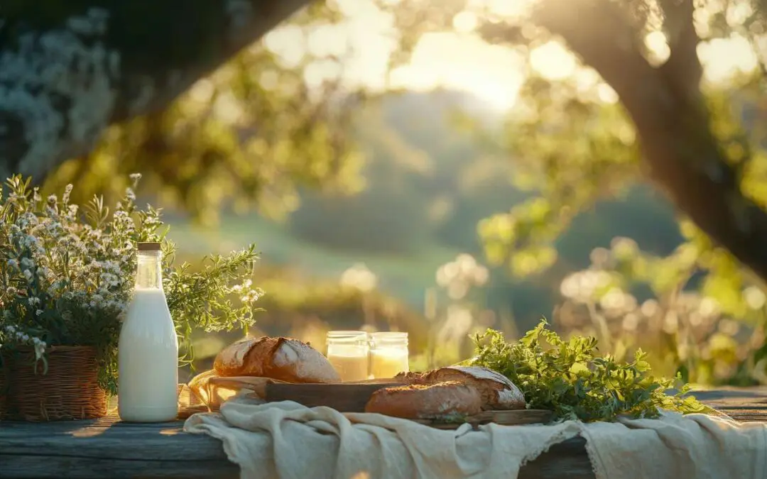 A rustic outdoor table holds a bottle of milk, loaves of bread, and jars of cream, surrounded by greenery in warm sunlight.