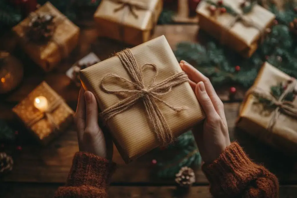 Hands holding a wrapped gift surrounded by holiday decorations and presents.