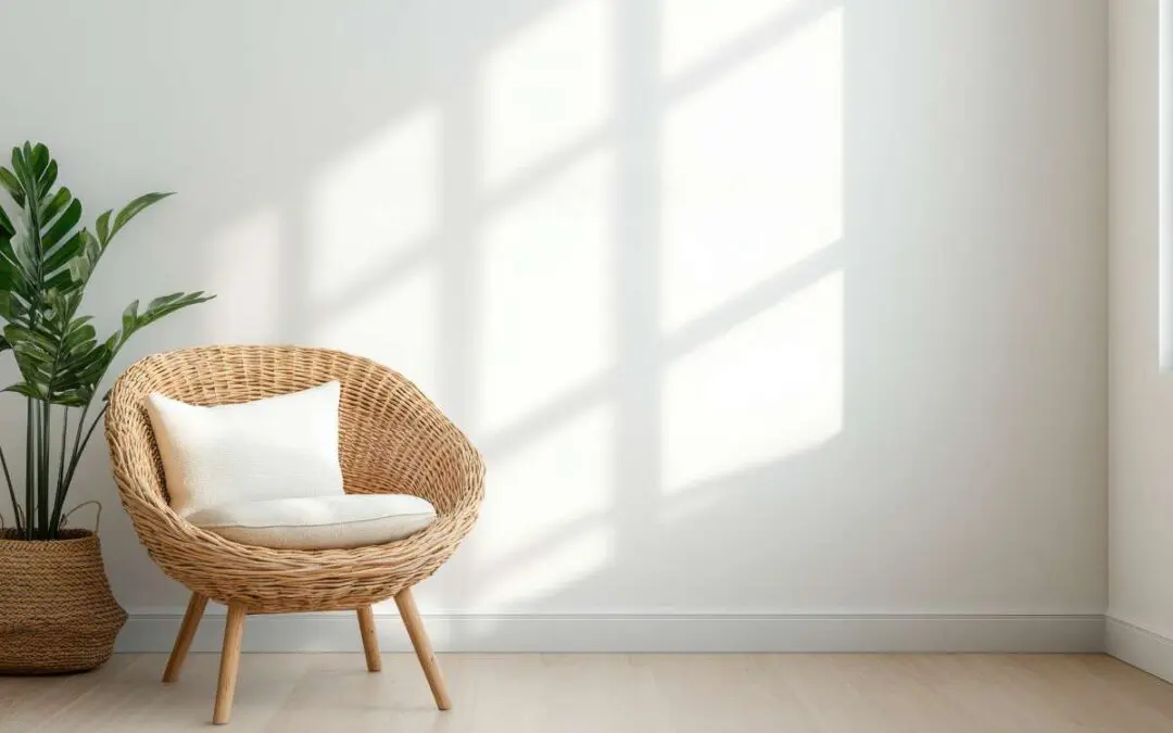 Cozy wicker chair with soft cushion beside potted plant in sunlit room.