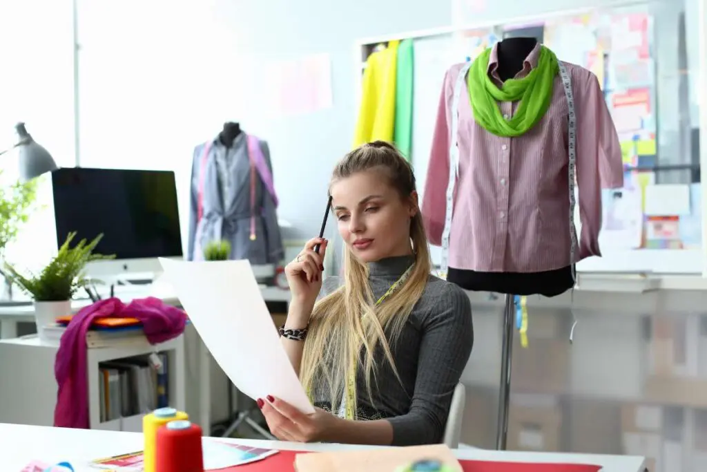 Woman sitting at modern dressmaking workshop holding a pen and paper.