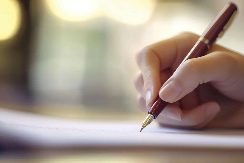 Close-up of a hand writing in notebook with pen.