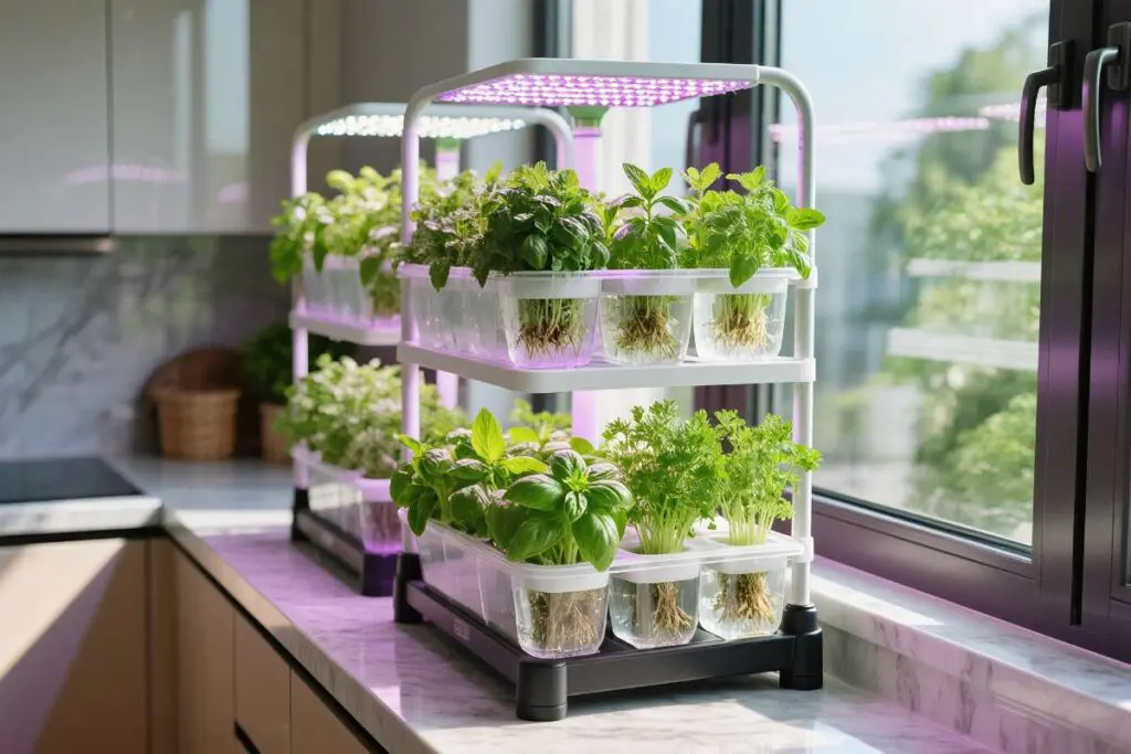 A contemporary indoor garden showcasing aromatic herbs neatly arranged beside the window.