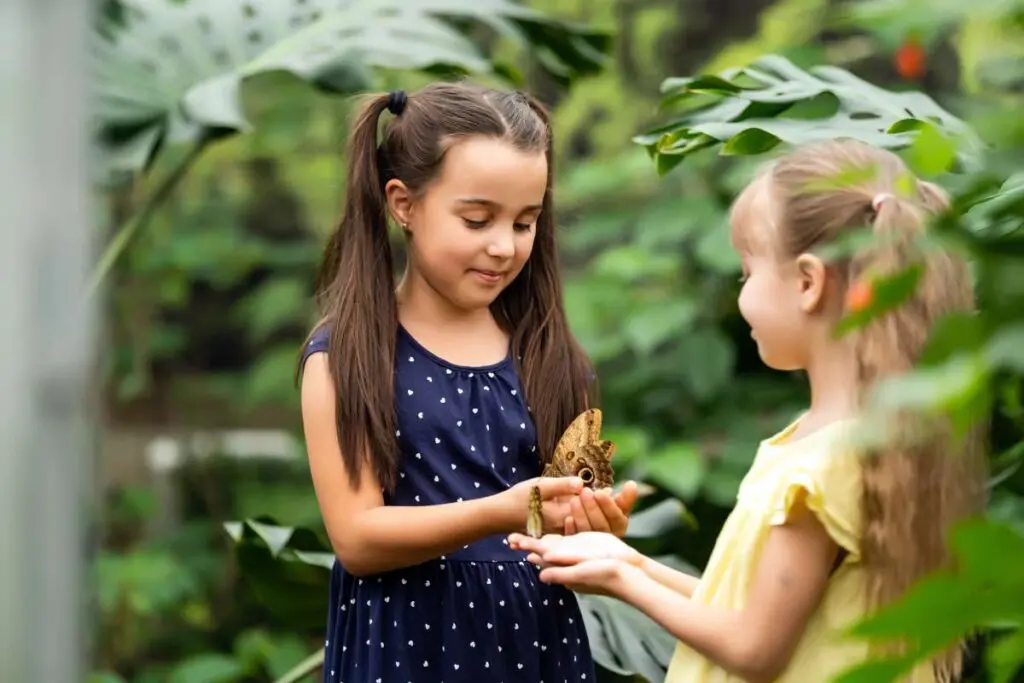 Two children holding a butterfly in their hands.