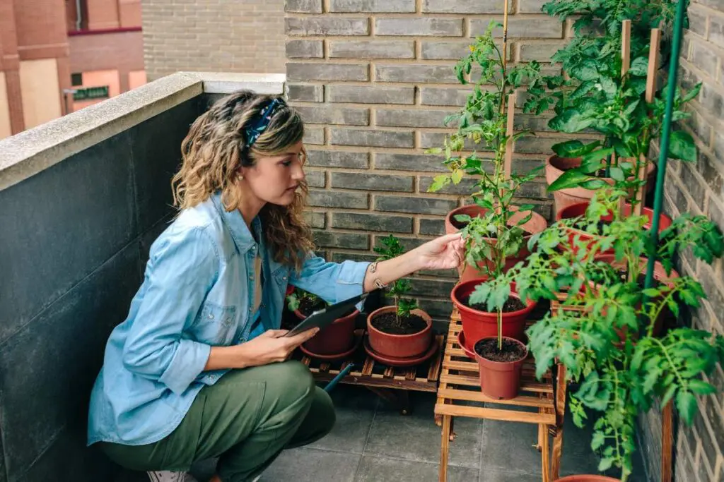 A woman kneeling on a balcony while checking a potted plant.