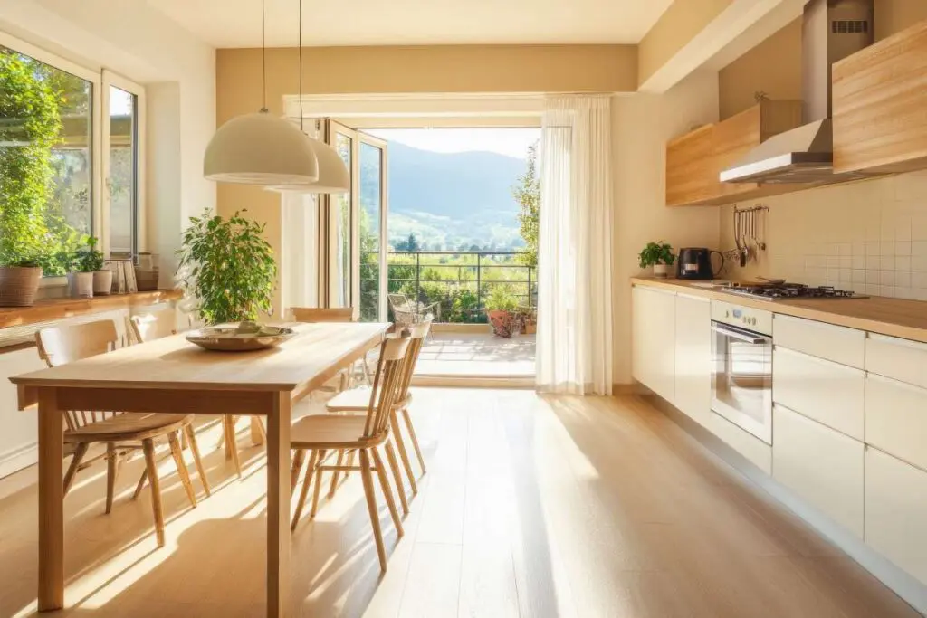 Sun shining through an open sliding glass door in a modern kitchen.