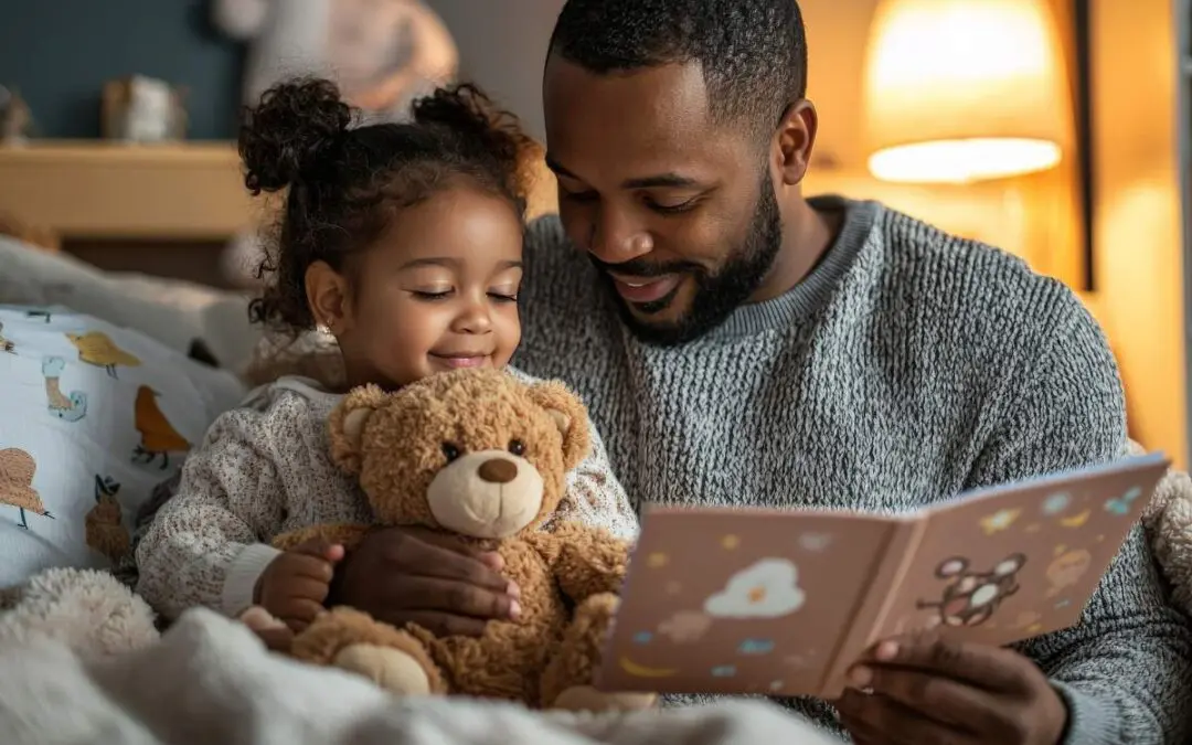 A father is reading a story to his daughter who is holding a teddy bear.