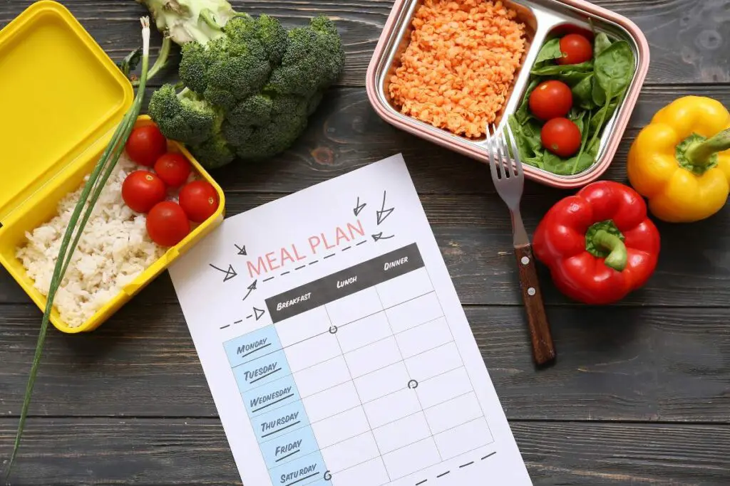 A meal plan sheet lies on a wooden table surrounded by containers of food and fresh vegetables.