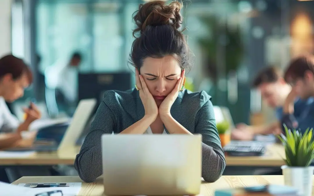 A woman sits at her desk, resting her face in her hands, appearing deep in thought or stressed.
