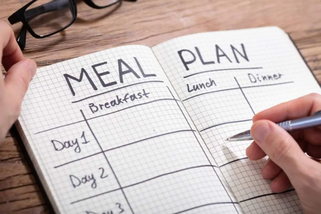 A person writing meal plans for breakfast, lunch, and dinner in a notebook.
