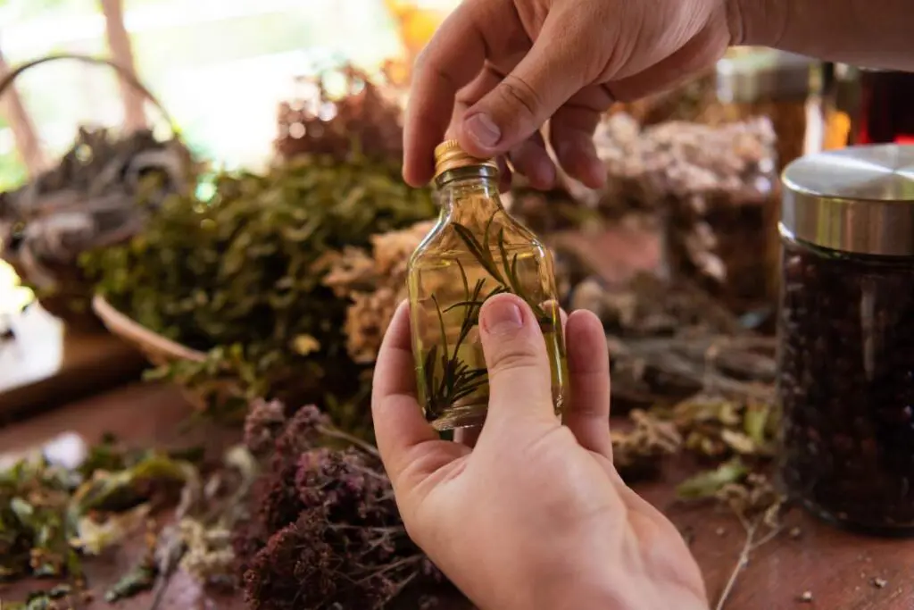 A person holding a small glass bottle filled with oil and herbs, surrounded by dried plants and containers on a table.