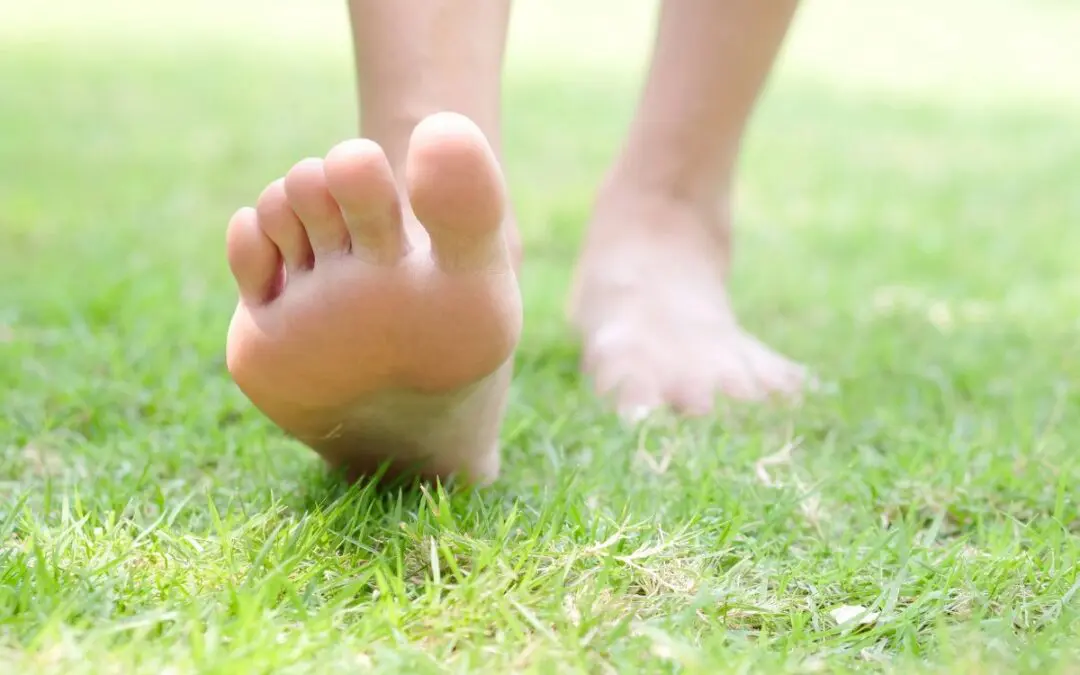 A close-up of a bare foot stepping on green grass.
