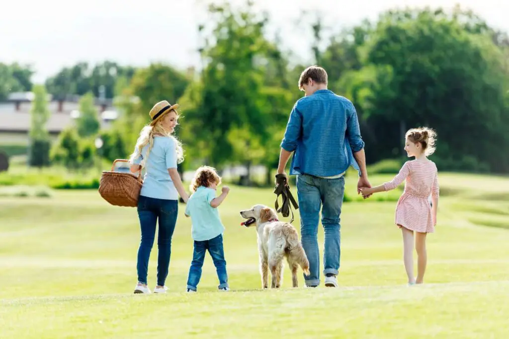 A family walking together on a grassy field, accompanied by a dog.