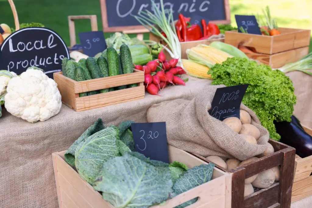 A display of various fresh vegetables at a market, including cucumbers, radishes, cabbage, and cauliflower, with signs indicating "local products" and "100% organic."