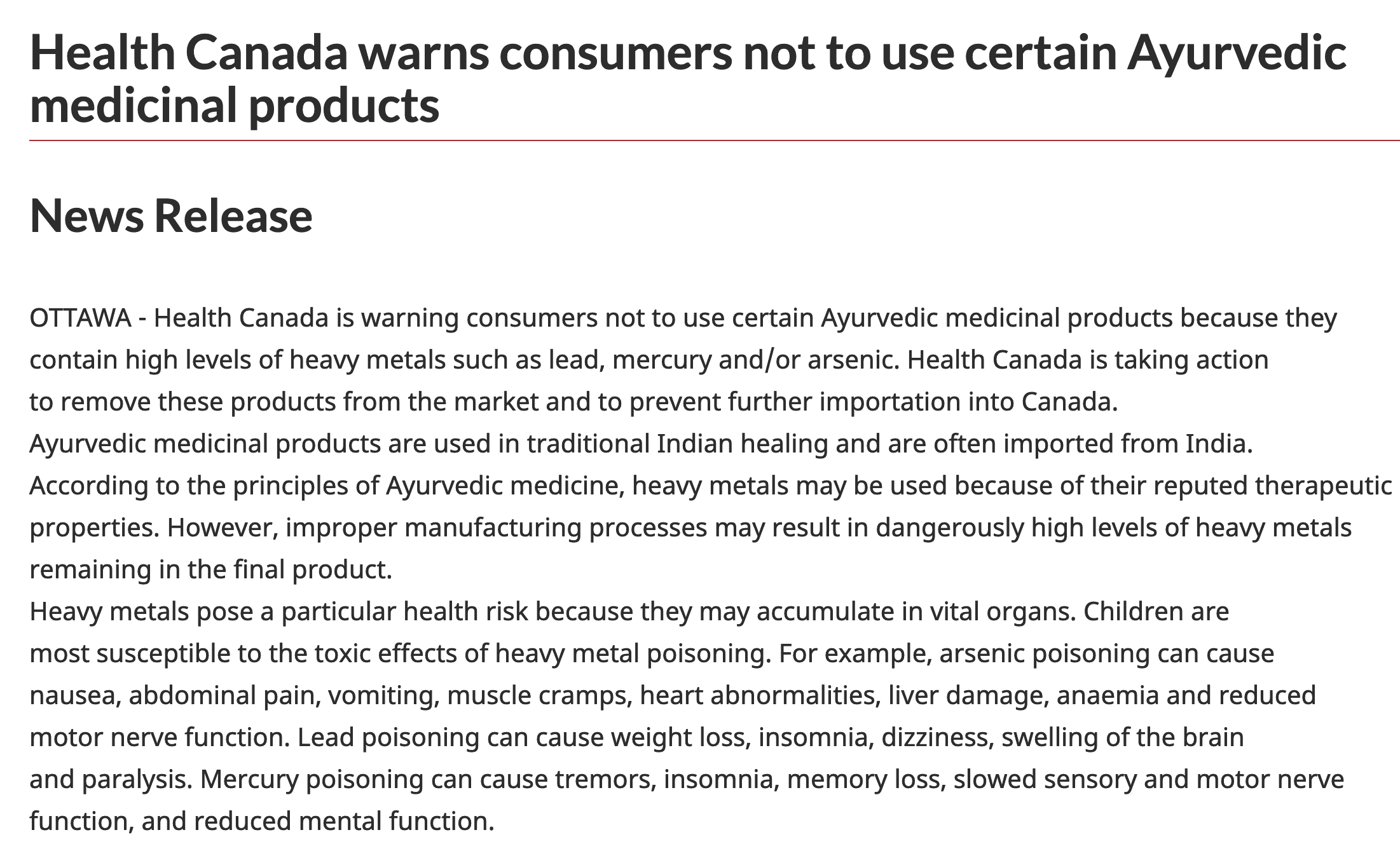A small excerpt from "Health Canada Warns Consumers not to use certain Ayurvedic medicinal products"