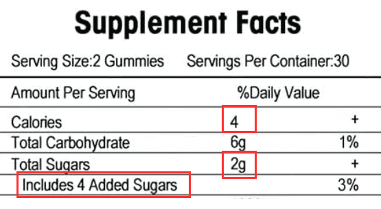 Sea Moss gummy supplement fact panel showing added sugar more than total sugar