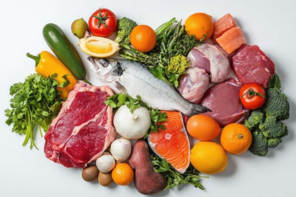 A colorful spread of fresh meats, fish, vegetables, and fruits is arranged neatly on a white background.
