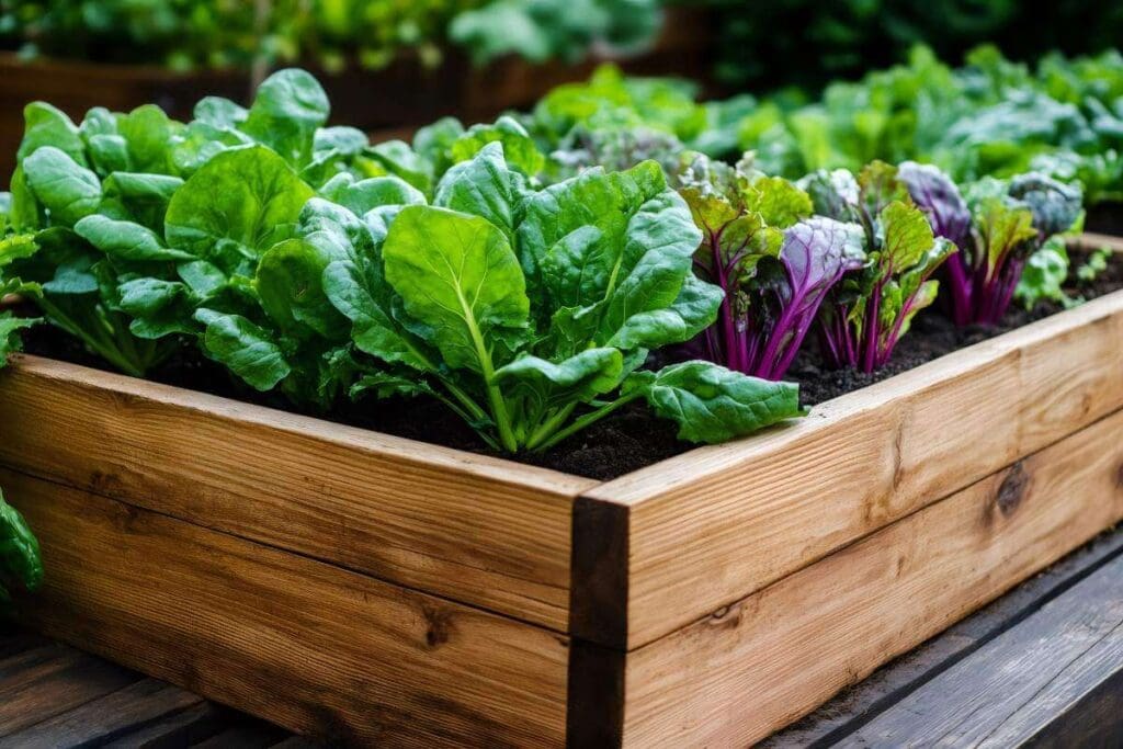 A crate with green and purple leafy vegetables planted.
