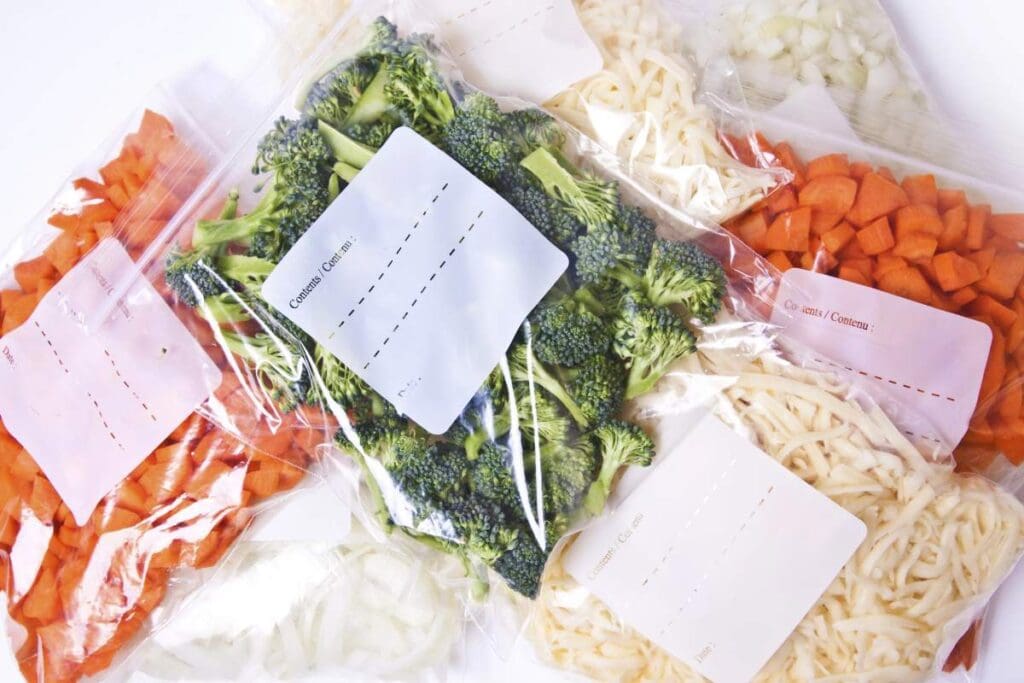 A freezer bag is filled with chopped vegetables.