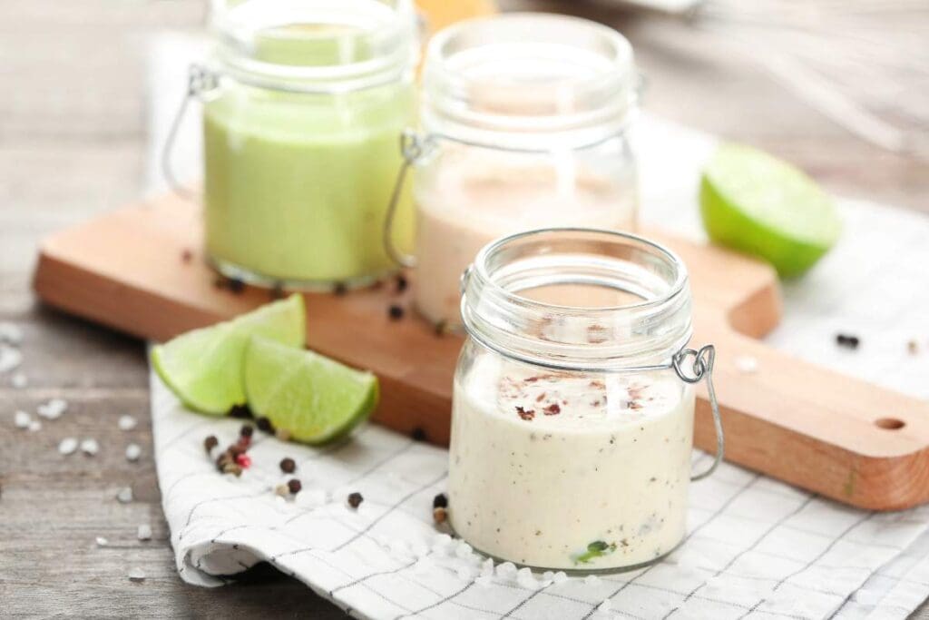 Three small glass jars are filled with different sauces.